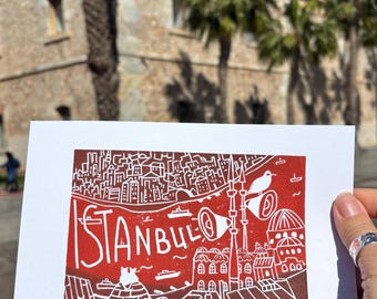 Istanbul Linoprint Art Print – Handmade Turkish Wall Decor, City Skyline Block Print