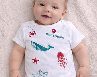 Organic Cotton Baby Bodysuit: Handmade Sea Creature Linocut Print