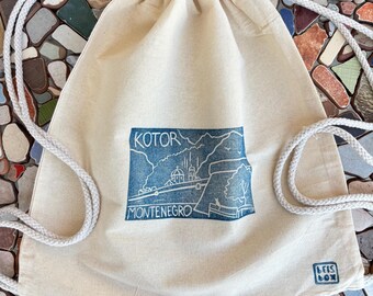 Linocut Kotor Print Canvas Backpack: Handmade Cotton Drawstring Bag