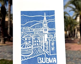 Budva Montenegro Linocut Print – Old Town Art, Block Print Wall Decor, Travel Souvenir