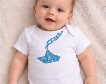 Linocut Boat Baby Bodysuit: Hand-Printed Nautical Outfit