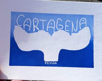 Cartagena Spain Linocut Print | Whale Tail Coastal Wall Art | Handmade Travel Art on Paper