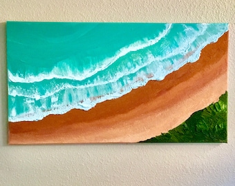 Original 3D Ocean beach Ariel ver pintura acrílica-textura pesada extra grande playa decoración del hogar-madera lienzo estirado-20*36 en arte abstracto