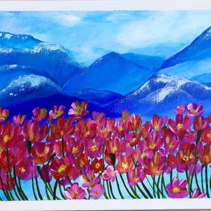 Original Tennessee Mountains and flowers acrylic painting on a 16*12 in stretched canvas-Blue mountains home decor-Nature landscape wall art
