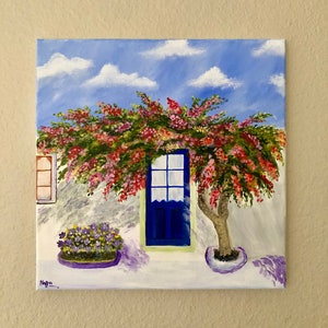 Original Santorini Acrylic Painting – Bougainvillea on Blue Door, Greece Decor