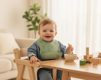 Sage Green Silicone Baby Bib, Waterproof Food Catcher