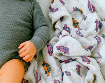 Cars Print Baby Swaddle Blanket | Bamboo Cotton Boy Girl Wrap | Baby Shower Gift