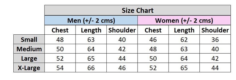 Op de afbeelding: Een maattabel voor kleding, met afmetingen in centimeters. De tabel is verdeeld in secties voor mannen en vrouwen, met borst-, lengte- en schouderafmetingen voor de maten small, medium, large en X-large.