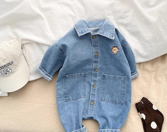 Mono de mezclilla para bebé, lavado claro, ropa de género neutro, regalo para recién nacido de 0 a 12 meses