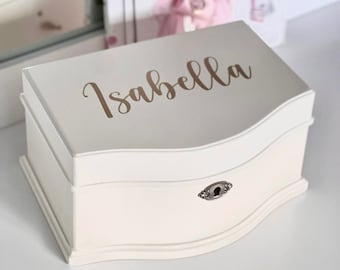 Large Luxe Personalised White Wooden Ballerina Musical Jewellery Box with Tassel Key