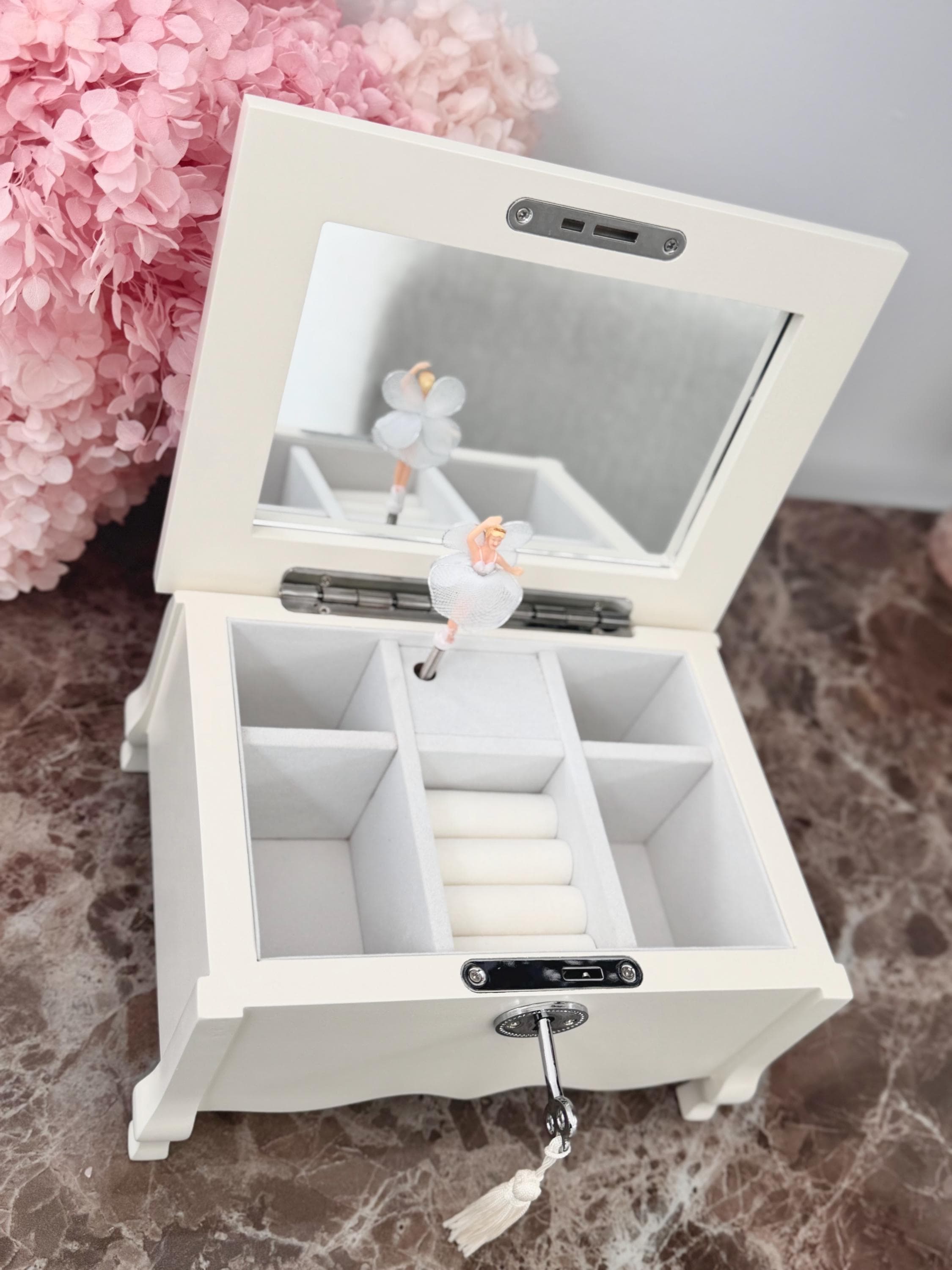Callerina Key Personalised Musical Ballerina White Lockable Jewellery Box With Tassle ...