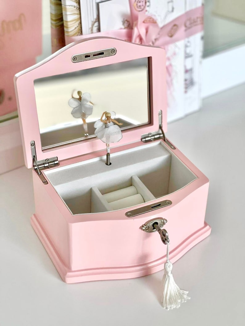 Wooden Pink Personalised Ballerina Jewellery Box With Lock and Tassle
