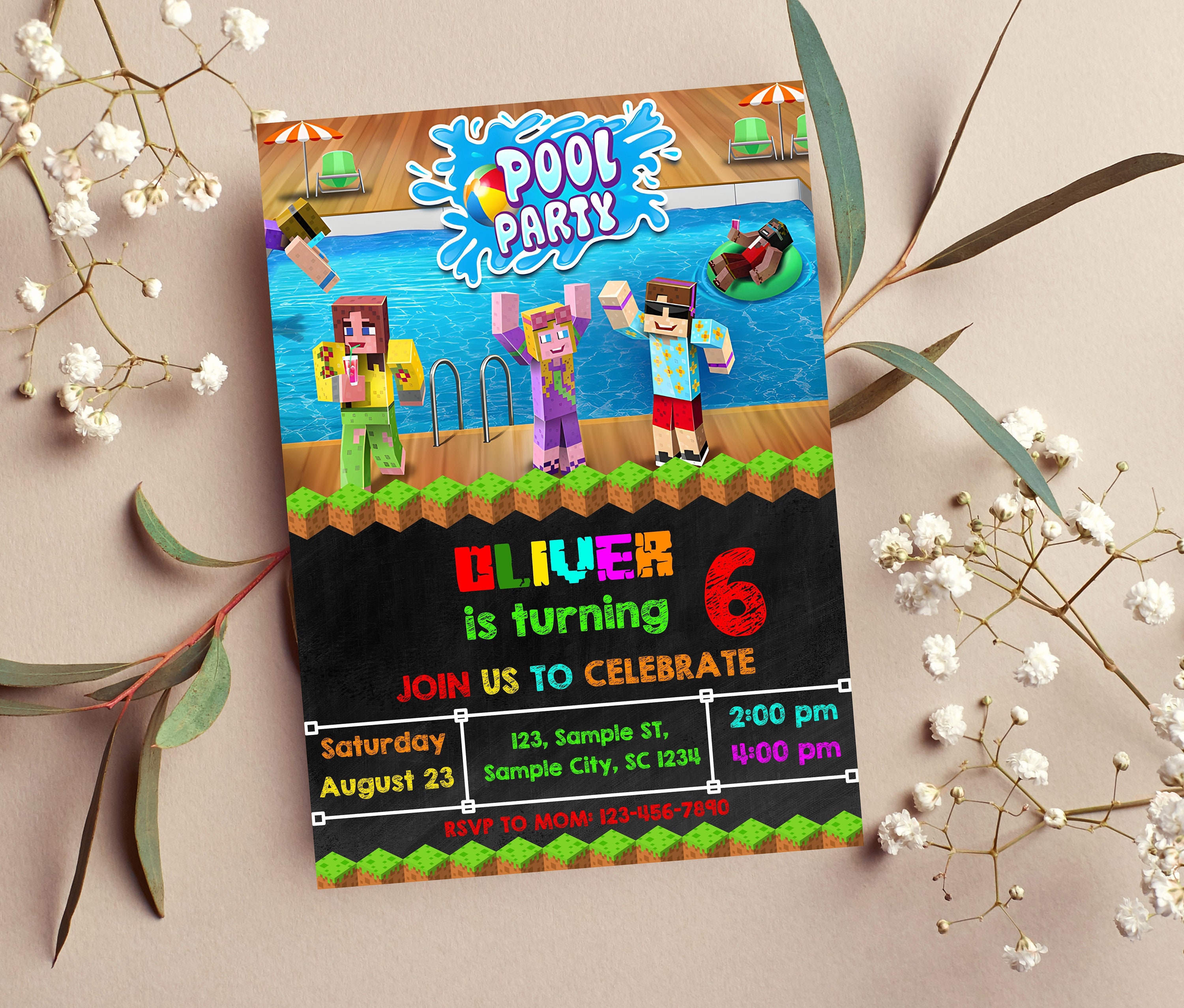Minecraft Pool Party Invitation Minecraft Pool Birthday Etsy