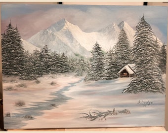 Vintage Winter Landscape Painting on Canvas by J. Dodge (1977)