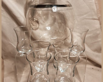 Beautiful Vintage MCM Mid Century Silver Band Ribbed Pitcher Hand Blown Glass Martini Pitcher With 6 Glasses