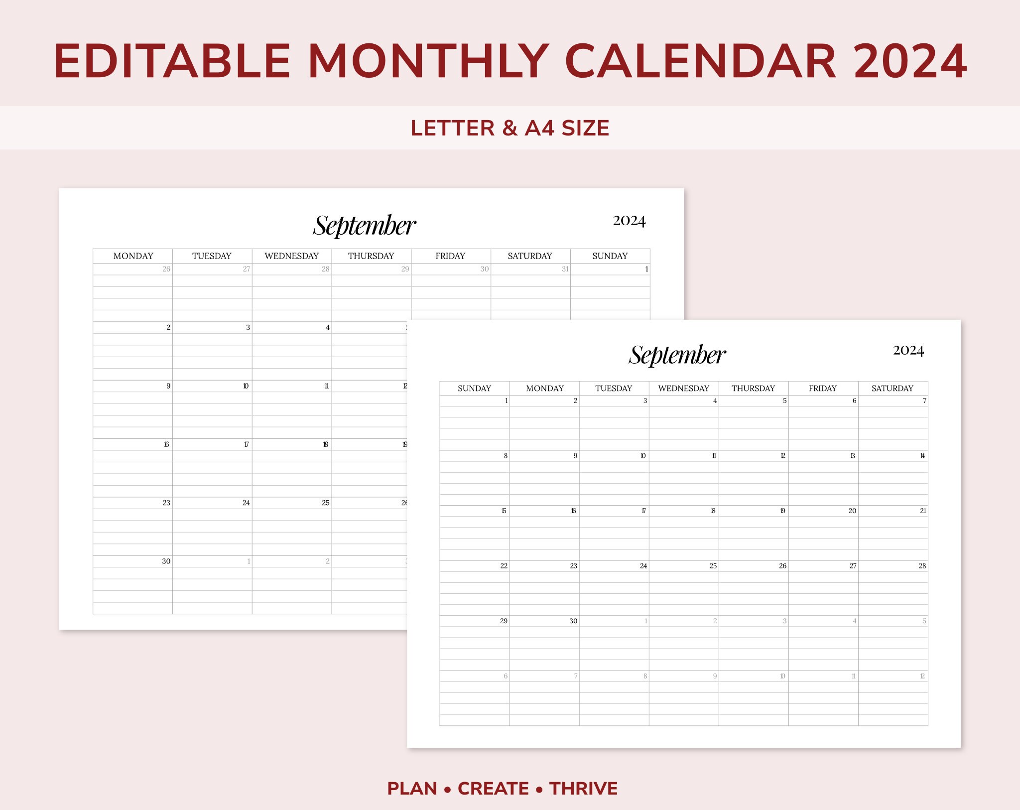 Editable 2024 Monthly Calendar Template for Google Sheets Lined Boxes ...