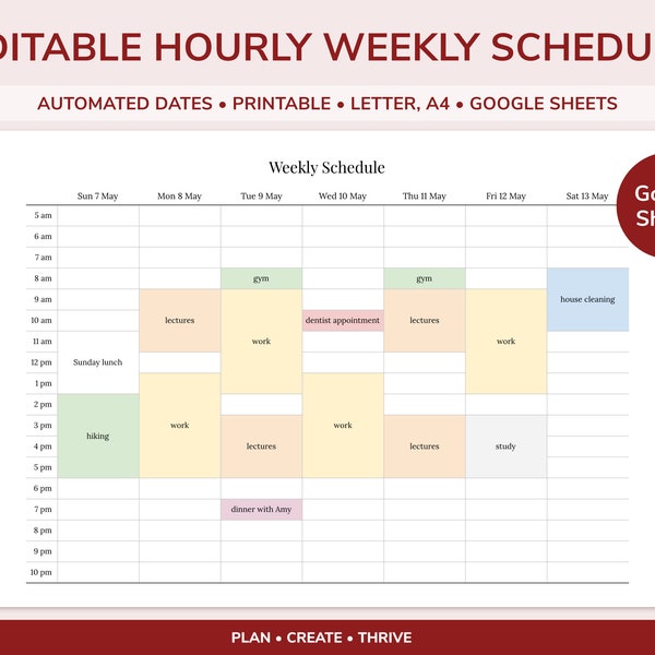 Editable Hourly Weekly Schedule | Google Sheets | Printable | A4 & US Letter | Weekly Agenda | Weekly Timetable | Undated Weekly Planner