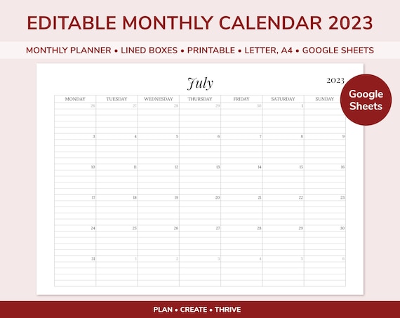 Editable 2023 Monthly Calendar Template for Google Sheets - Etsy