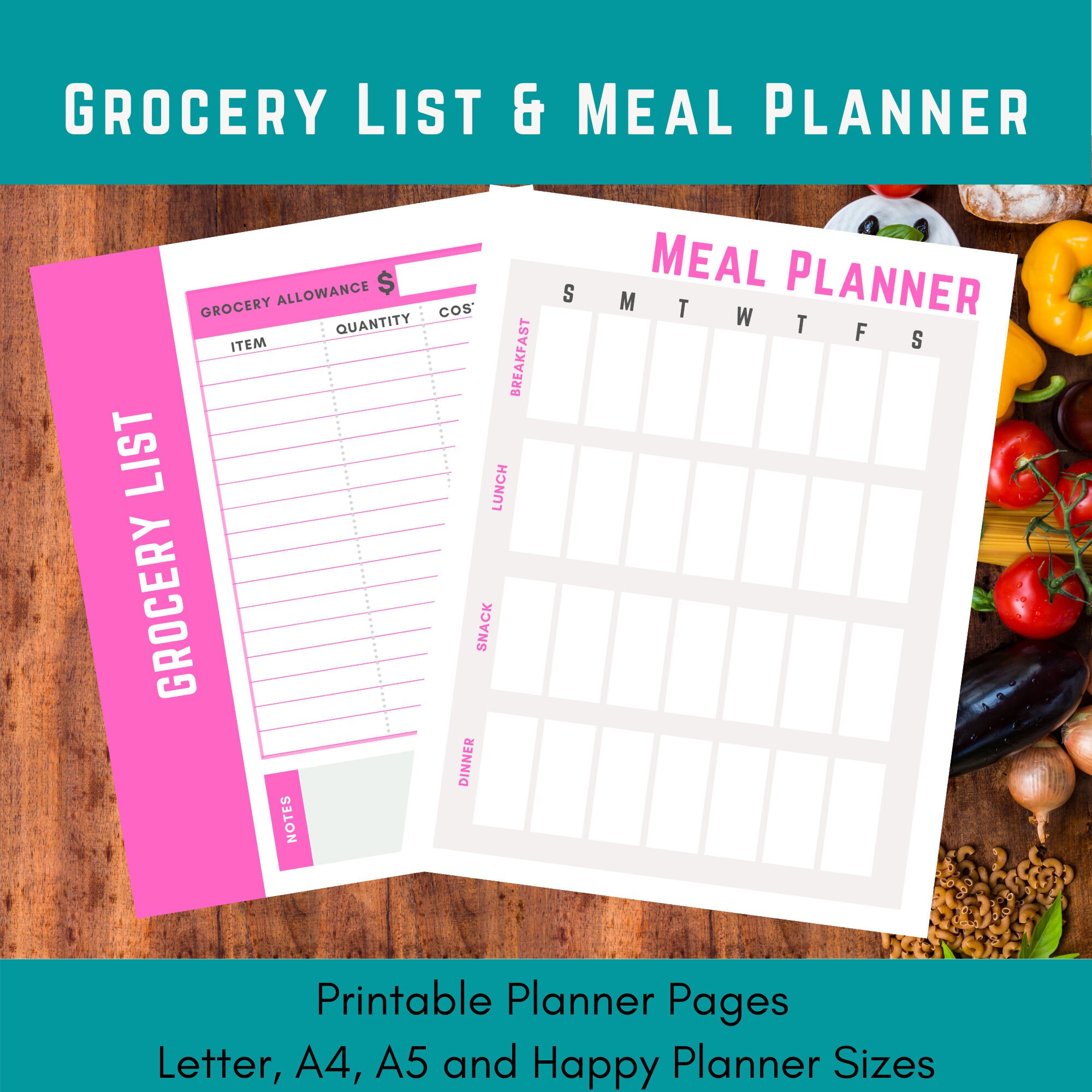 Pink Meal Planner Printable With Grocery List Printable, Digital ...