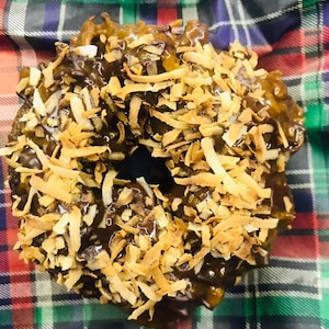 Best tasting guilt-free Keto German chocolate donuts with coconut, and coconut caramel. Diabetic friendly! Gluten free! Paleo! Sugar free!