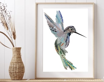 Hummingbird Art Print, Bird Wall Art from Unique Collage Artwork, Hummingbird Gift for Bird Lovers