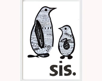 Sister Print, Penguins Line Art as Little Sister and Big Sister Gift, Minimalist Nursery Decor from Unique Collage Artwork, Sis Poster