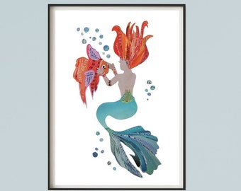 Siren and Fish Art, Mermaid Print of Original Collage Artwork, Colorful Under the Sea Creatures