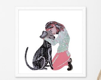 Girl and Dog Art Print, Beautiful Dog Owner Gift, Collage Art as Unique Dog Mama Art and Pet Memorial