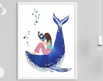 Girl and Whale Wall Art, Reading Art Print from Original Collage Artwork. Beautiful Girls Room Decor and Bibliophile Gift