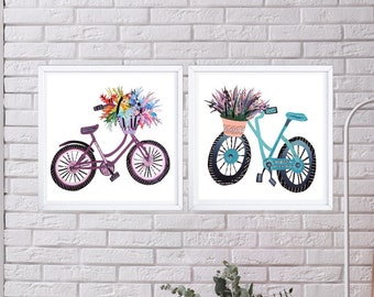 Bicycle Art, Set of 2 Square Bike Prints of Original Collage Artwork, Unique Cycling Art Gifts
