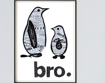 Brother Line Art Print as Penguins Brother Gift, Original Collage Art, Little Brother or Sister Minimalist Nursery Decor, Bro. Poster