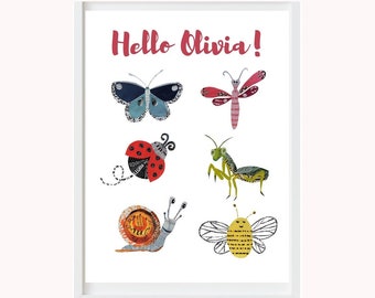 Free Personalized Baby Girl or Boy Nursery Decor Poster, Bugs Collage Art as New Baby Gift