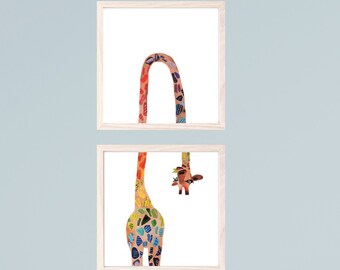 Funny Giraffe Art Prints: Rainbow Safari Collage, Set of 2