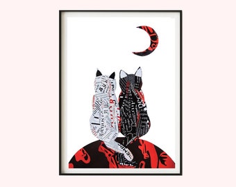 Cat Art Print, Love Wall Art, Red and Black Art from Unique Collage Artwork, Cat and Moon as Gift for Couple