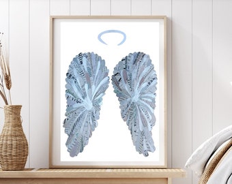 Angel Wings Art Print from Original Collage Artwork, Minimalist Modern Christmas, Beautiful Guardian Angel Wings for a Christian Wall Decor