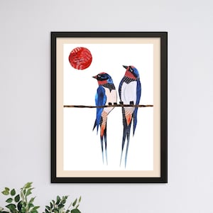 Impresión de golondrinas, impresiones de collage de arte de aves únicas, decoración de aves de golondrinas y regalo para amantes de las aves