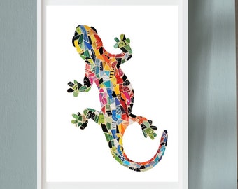 Kleurrijke mozaïek reptielenkunst, gekko muurkunst print van uniek collagekunstwerk, moderne salamanderkunst uit het midden van de eeuw