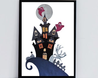 Haunted House Wall Art, Cute Ghost Decor Collage, Halloween Art Print of a Haunted Mansion as Kids Gift and Gothic Nursery
