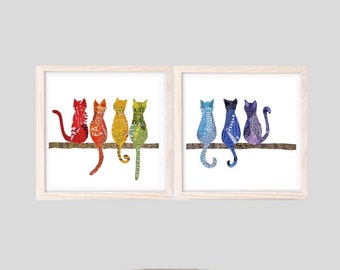 Regenbogen Katze Print Set: Bunte Collage, Geschenk für Katzenliebhaber