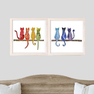 Cat Rainbow Wall Art, 2 Piece Wall Art from Original Collage Artwork, Rainbow Nursery Decor, Happy and Colorful Wall Art as Cat Lover Gift