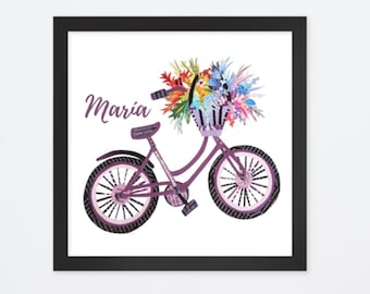 Custom Bike Print, Bicycle Art as Cycling Gift, Free Personalized Girl Name Art from Unique Collage Artwork