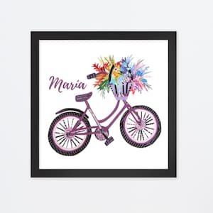 Custom Bike Print, Bicycle Art as Cycling Gift, Free Personalized Girl Name Art from Unique Collage Artwork