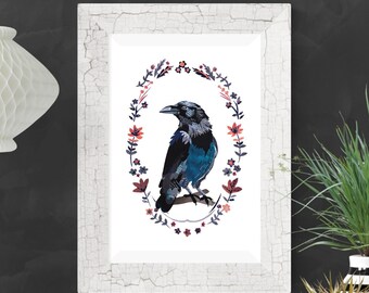 Folk Art Crow Print - Dark Cottagecore Raven Decor - Gothic Collage Wall Art