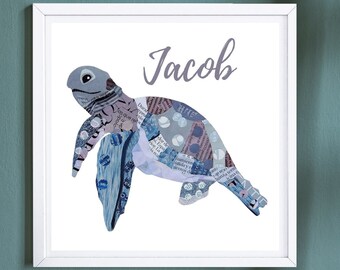 Impressão personalizada para berçário de tartarugas: colagem de arte, tema oceano