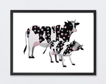 Cow and Calf Art Print, Unique Farmhouse Decor, Cow Picture from Original Collage Artwork, Beautiful Cow Gifts