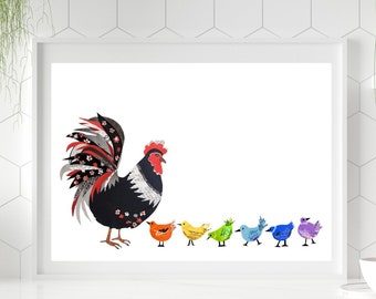 Rainbow Chicken Art Print: Farm Animal Collage Artwork