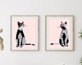 Pink Cat Art Prints, Blush Pink Decor from Original Collage Wall Art, Black and White Kitty Art Set of 2 as Unique Cat Lover Gift