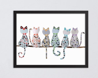 Katzen Regenbogen Art Print von einzigartiger handgefertigter Collage Kunstwerk, bunte Katzen und Blumen Wandkunst