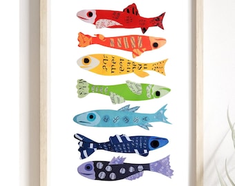 Impressão artística de peixe arco-íris: decoração de parede com colagem colorida