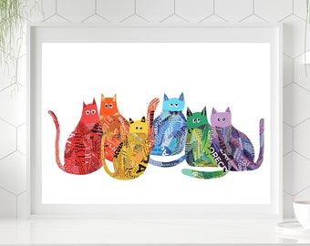 Regenbogen Katze Print: Bunte Collage Kunst, Geschenk für Katzenliebhaber